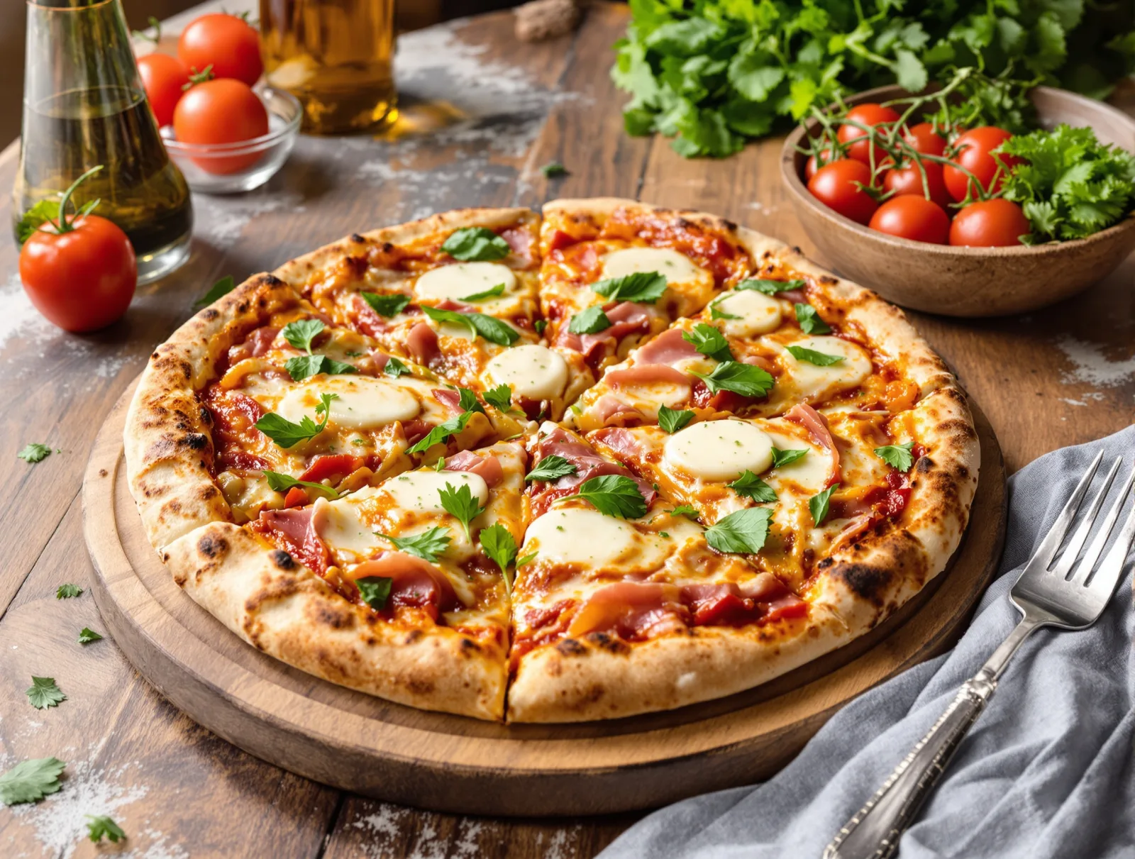 Pizza so šunkou, špenátom a cesnakovo-paradajkovým základom