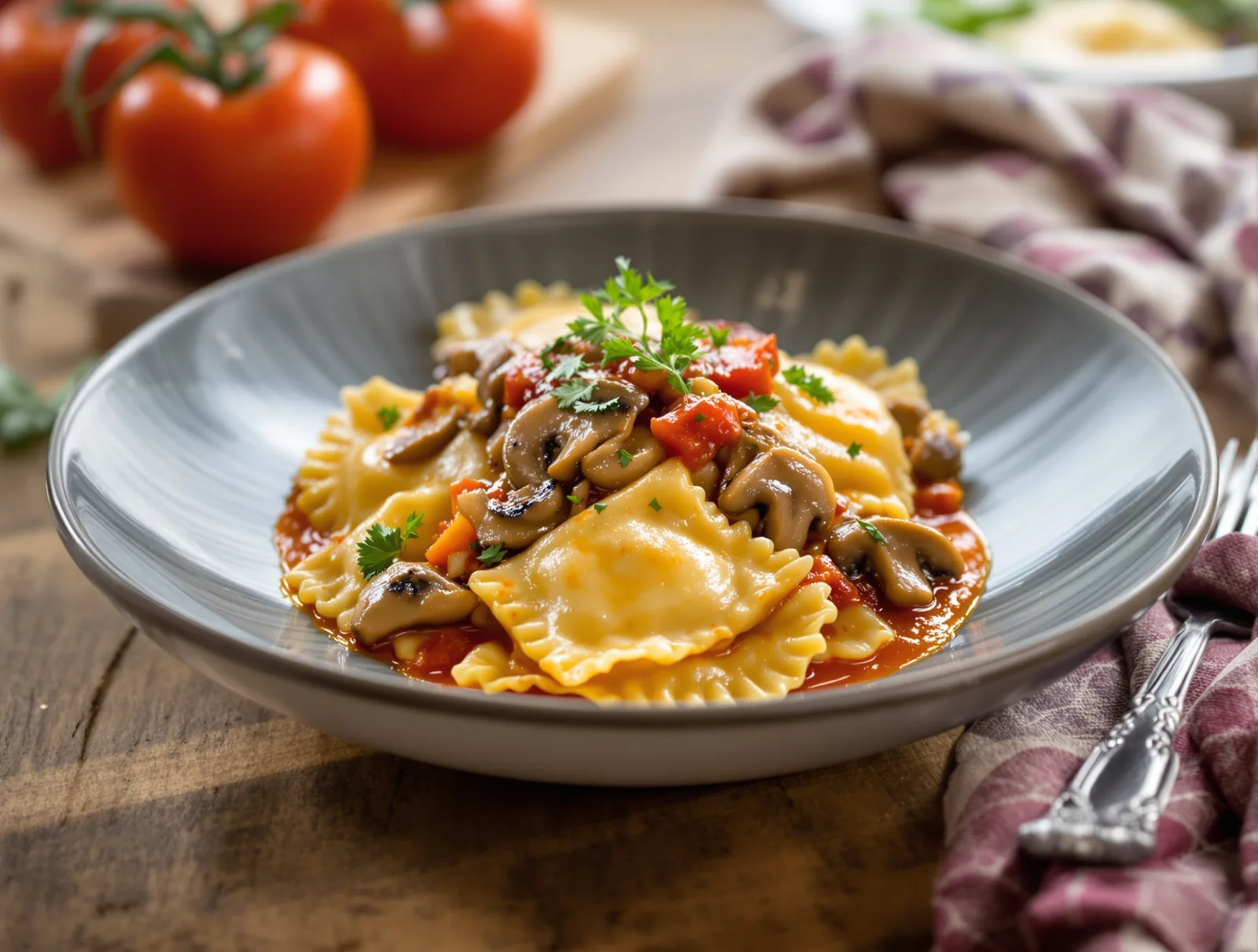 Ravioli plnené ricottou s bravčovou panenkou a hubovou paradajkovou omáčkou