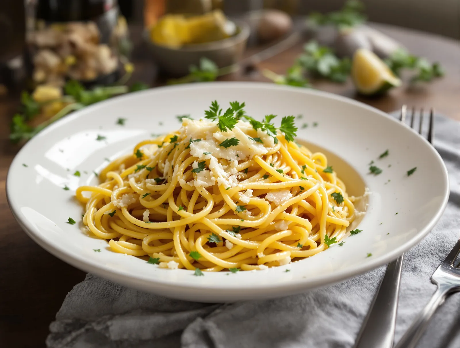 Špagety aglio e olio s cesnakom a petržlenovou vňaťou